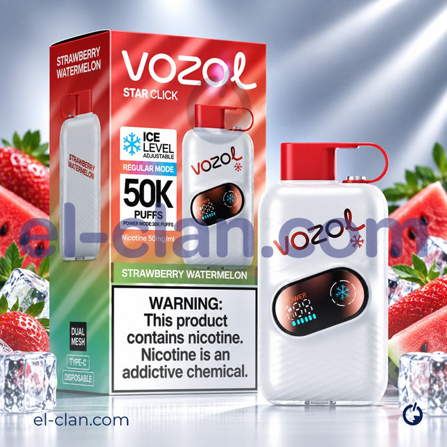 جهاز فيب Vozol Star Click 50K نكهة فراولة وبطيخ بارد، فيب ديسبوسبل سوبر كول للاستخدام اليومي