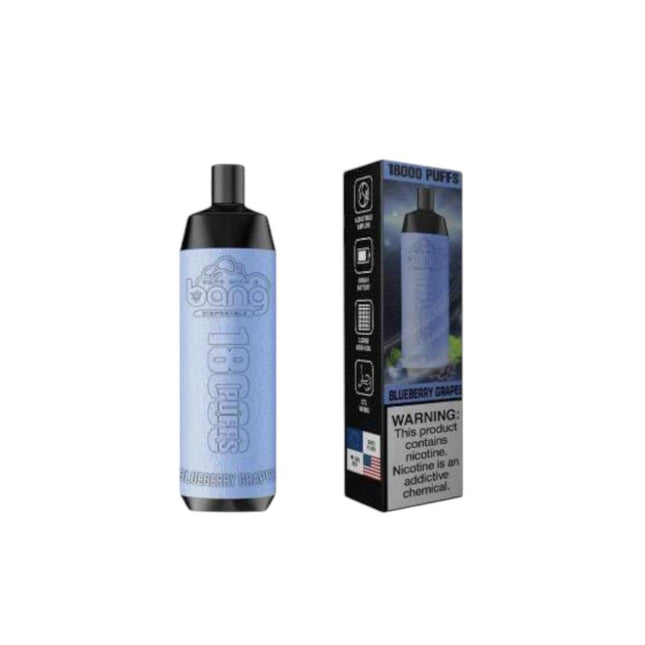 Bang Disposable 18K Blueberry Raspberry vape device with colorful design, 18000 puffs, and 50mg salt nic e-liquid.
