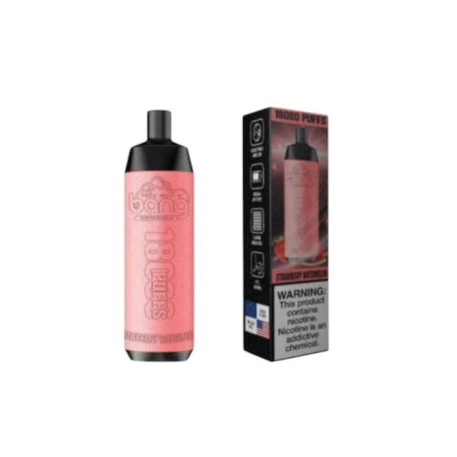 Bang Disposable 18K Strawberry Watermelon vape device with colorful design, 18000 puffs, salt nic, from Bang brand.