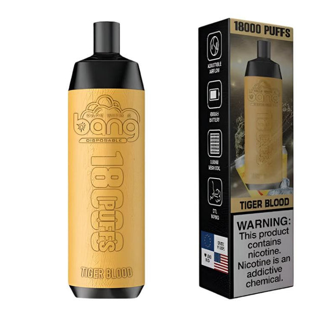 Bang Disposable 18K Tiger Blood Ice vape with strawberry watermelon flavor and 18,000 puffs, salt nic, in a sleek disposable design.