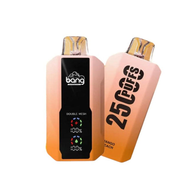 Bang Disposable Mango Peach vape, 25K puffs, in sleek design with flavor blend of mango and peach, salt nic e-cigarette.