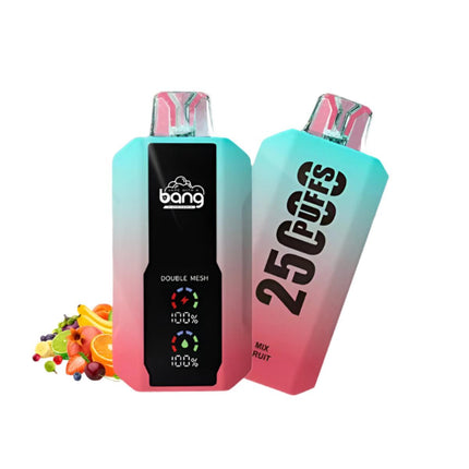 Bang Disposable 25K Mix Fruit vape device with colorful fruit design, 25000 puffs, salt nic, in a sleek, portable shape.
