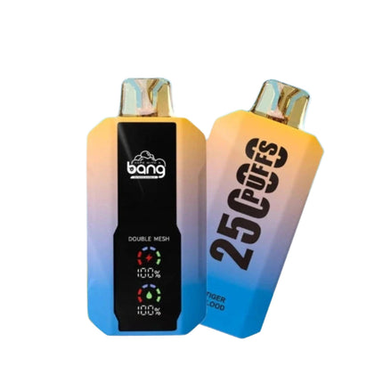 Bang Disposable Bang 25K Tiger Blood flavored vape device with 25,000 puffs and 50mg salt nicotine, in a sleek disposable design.