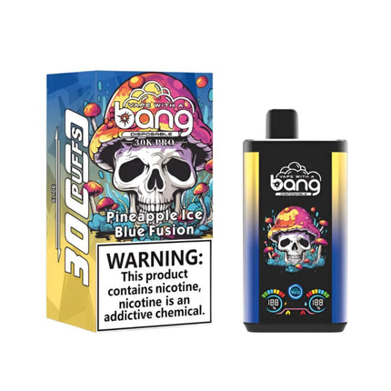 Bang 30K Pro Pineapple Ice Blue Fusion disposable vape with vibrant blue design and pineapple ice flavor, 30000 puffs, salt nic.