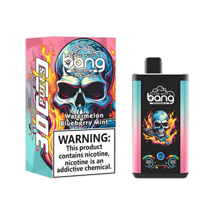 Bang 30K Pro Watermelon Blueberry Mint disposable vape, showing the colorful device with flavor label and sleek design.