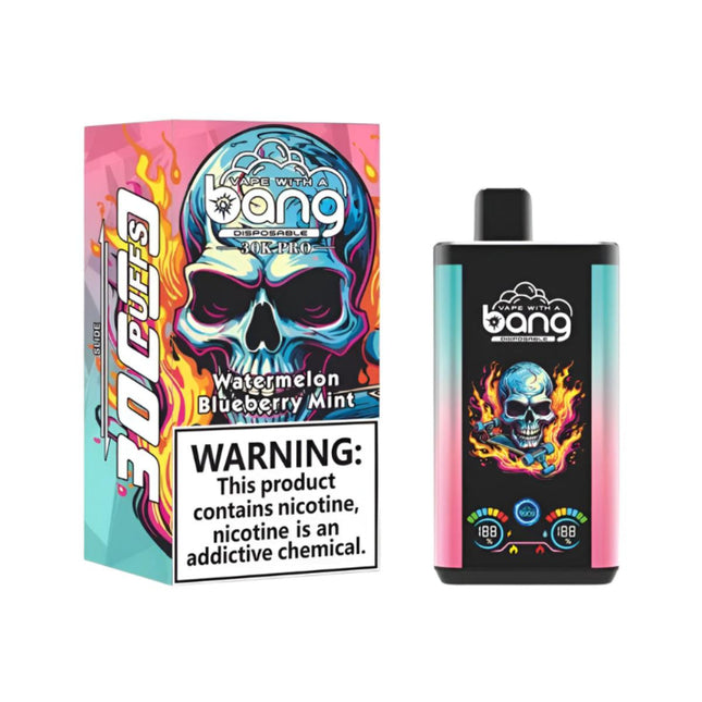 Bang 30K Pro Watermelon Blueberry Mint disposable vape, showing the colorful device with flavor label and sleek design.