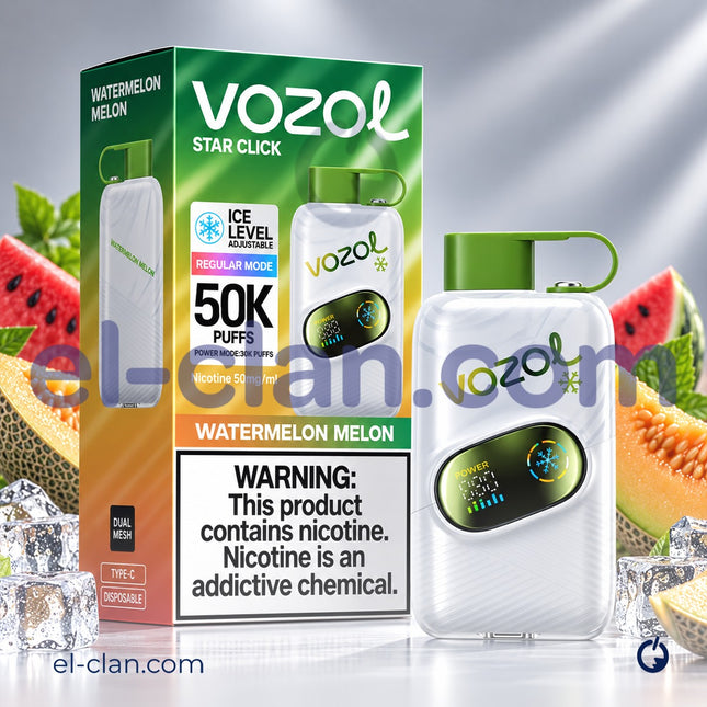 فيب بطيخ ساقع من Vozol ستار كليك 50K، عبوة ديسبوسبل مع تصميم بطيخ ملون ومظهر مريح، مثالي للتدخين السهل.