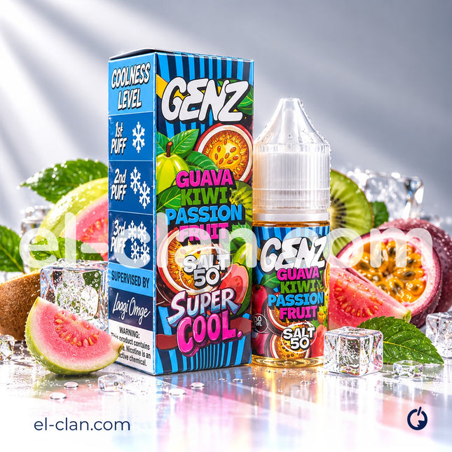 سائل فيب نيكوتين جوافة كيوي فواكه باشون من ماركة GENZ E-Juice، عبوة 30 مل بطعم منعش وسلس.