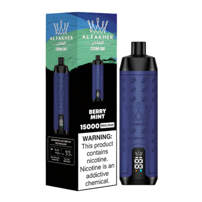 Alfakher Disposable Crown Bar Pro 15K Berry Mint vape with berry and mint flavor, 15,000 puffs, salt nic, in a sleek design.