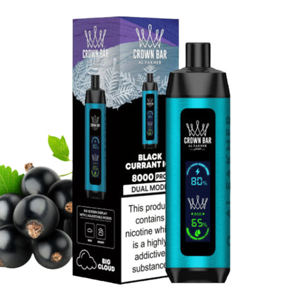 Alfakher Disposable Crown Bar Alfakher Pro 8K Black Currant Mint flavored vape in black color with 8000 puffs and salt nic.