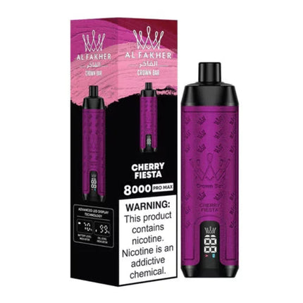 Alfakher Disposable Crown Bar Alfakher Pro 8K Cherry Fiesta vape with 8000 puffs and 50 salt nicotine, in a colorful disposable vape design.