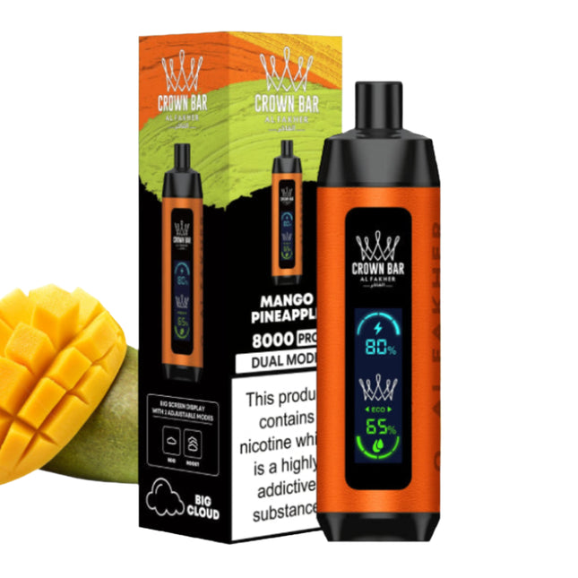 Alfakher Disposable Crown Bar Pro 8K Mango Pineapple vape with 8000 puffs and 50ml salt nicotine in a sleek disposable vape device.