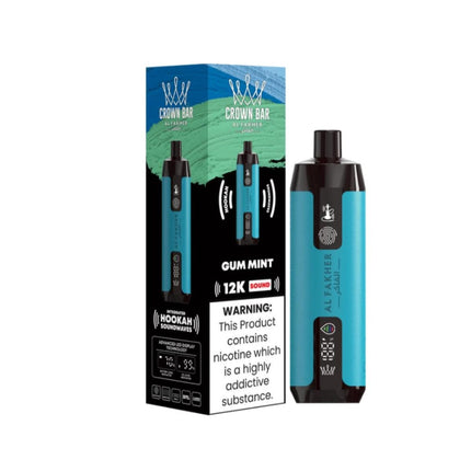 Alfakher Disposable Crown Bar Sound 12K Gum Mint flavored vape with 12,000 puffs and 50mg salt nicotine.