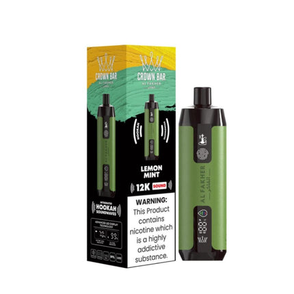 Alfakher Disposable Crown Bar Sound 12K Lemon Mint vape with lemon and mint flavor, 12000 puffs, salt nicotine, in a sleek disposable design.