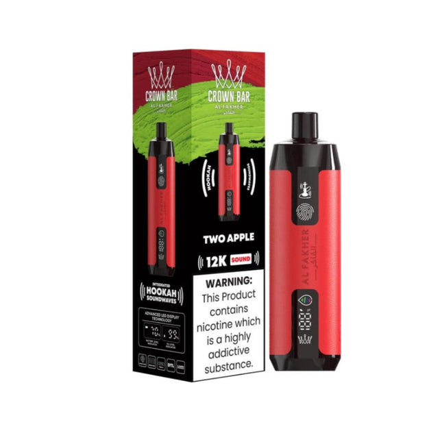 Alfakher Disposable Crown Bar Sound 12K Apple flavored vape device with 12,000 puffs and 50mg salt nicotine content.