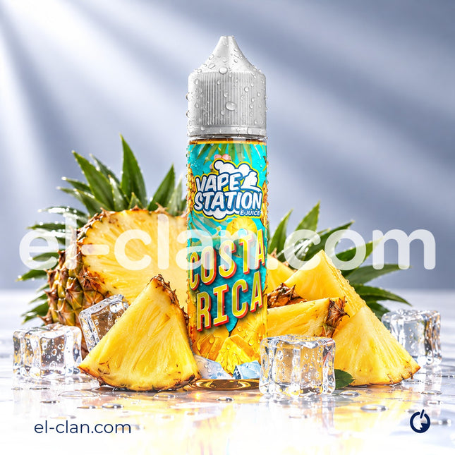 زجاجة فيب ليكويد استوائي من Vape Station Costa Rica بنكهة فواكه استوائية واضحة ورائحة طبيعية.