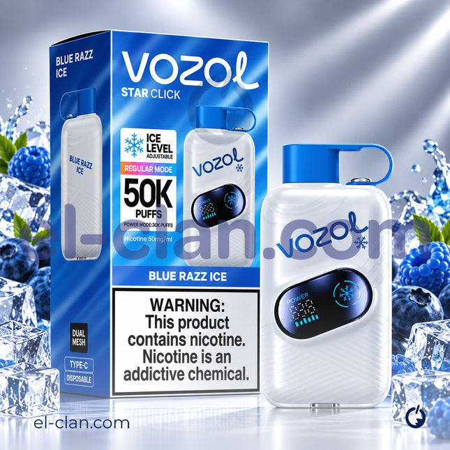 سجائر فيب Vozol Star Click 50K لون أزرق بارد بنكهة توت ساقع، عبوة ديسبوسبل للاستخدام مرة واحدة