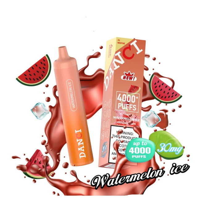 Danci 4K Watermelon Ice disposable vape with colorful watermelon design, 4000 puffs, saltNic, in a compact, portable shape.