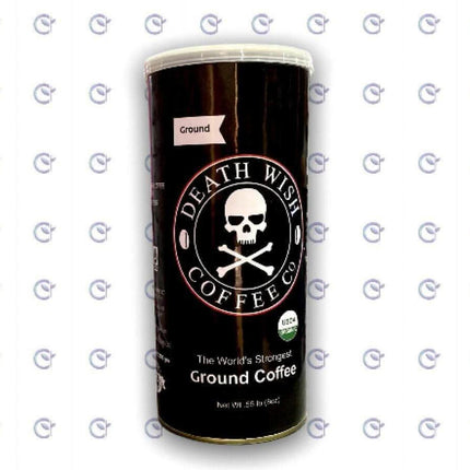 Death Wish Coffee imported Arabica beans in a 250g package, featuring bold branding and rich, dark roasted coffee grounds.