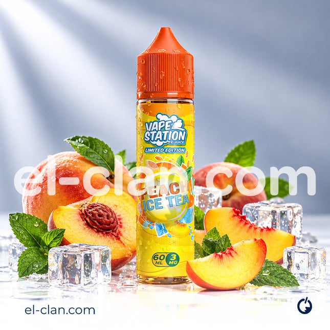 سائل فيب ليكويد محلي بنكهة شاي خوخ من Vape Station E-Juice، عبوة أنيقة مع صورة لنكهة الشاي والخوخ