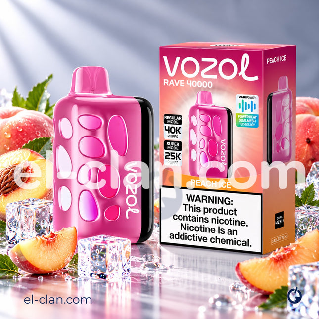 جهاز فيب Vozol Rave 40k خوخ ساقع، تدخين سهل وجذاب، علبة ديسبوسبل مع نكهة الفواكه المنعشة