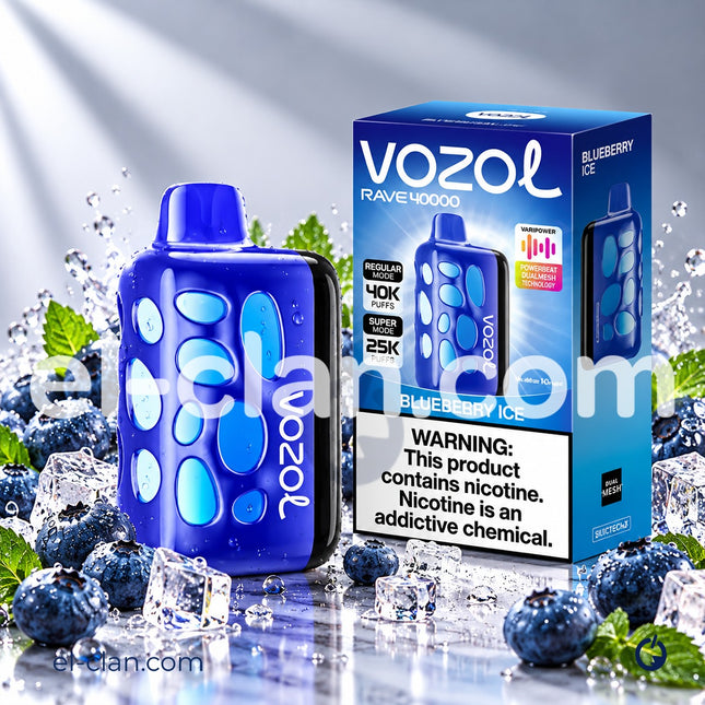 جهاز فيب Vozol Rave 40k بنكهة توت ساقع، ديسبوسبل مزود بتعبئة سهلة، لون أزرق وتصميم أنيق