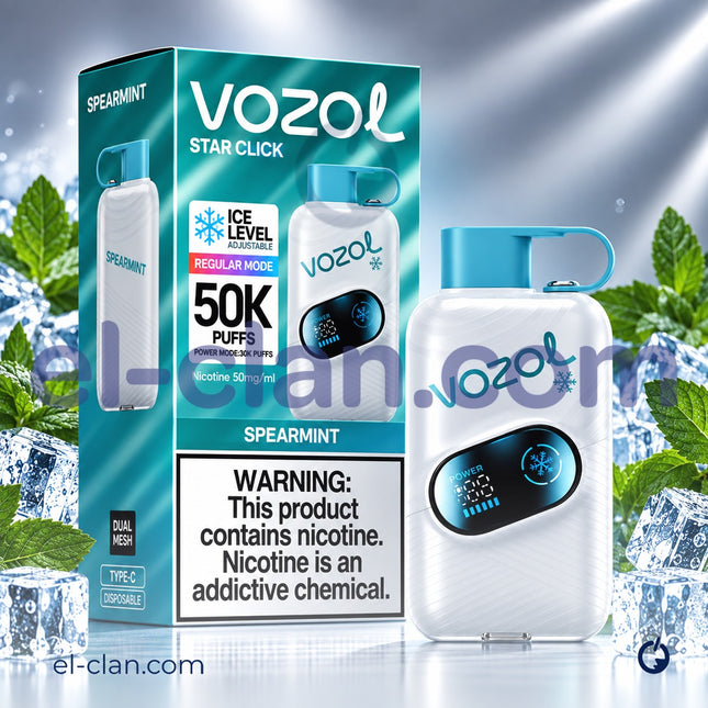سيجارة فيب Vozol Star Click 50K بنكهة النعناع الساقع، فيب ديسبوسبل من علامة Vozol، تظهر عبوة المنتج.