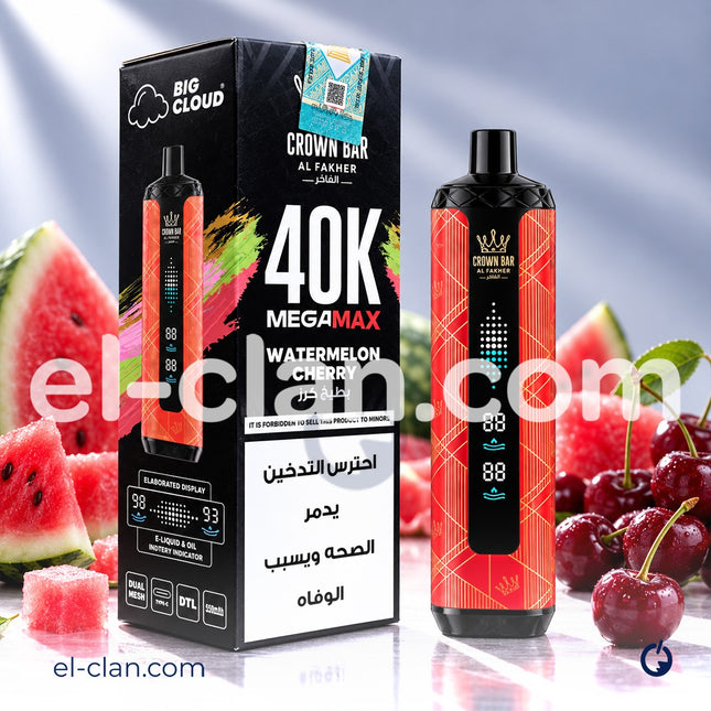 فيب ديسبوسبل ألفاخر ميغا ماكس 40ك بطيخ وكريز مع عبوة واضحة وتصميم مميز من العلامة التجارية ألفاخر