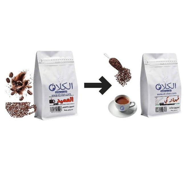 El-Clan Coffee Turkish and Emirati coffee blends in a package, showcasing rich roasted coffee grounds for brewing.