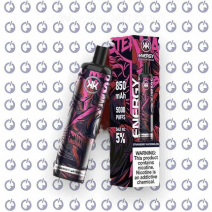 Energy 8K Strawberry Watermelon disposable vape device with colorful design and flavor details, featuring salt nicotine for smooth vaping.