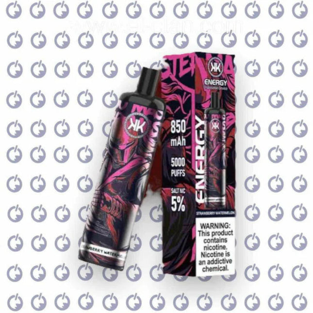 Energy 8K Strawberry Watermelon disposable vape device with colorful design and flavor details, featuring salt nicotine for smooth vaping.