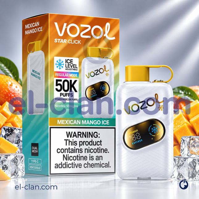 جهاز فيب Vozol Star Click 50K نكهة مانجو ساقع، disposable، يظهر عبوة مع نكهة المانجو والعبوة البلاستيكية
