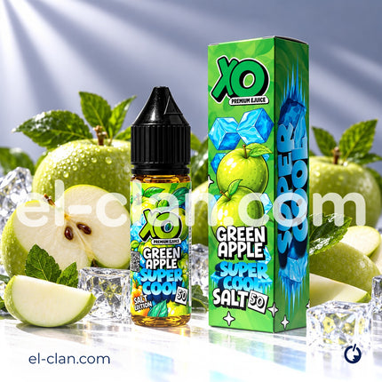 سائل فيب ليكويد XO Super Cool SaltNic بنكهة التفاح الأخضر المثلج، عبوة محلية من XO E-Liquid، يظهر في الصورة.