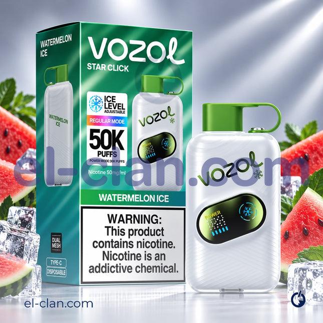 فاب فيب Vozol Star Click 50K، تصميم بطيخ ساقع، يظهر عبوة ديسبوسبل مع طعم ماء البطيخ المثلج