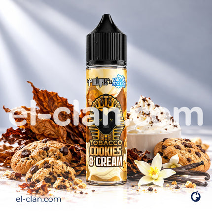 سائل فيب بكريمة كوكيز التبغ من Vape Station E-Juice مع عبوة زجاجية واضحة ونكهات لذيذة، لتجربة تدخين ممتعة.