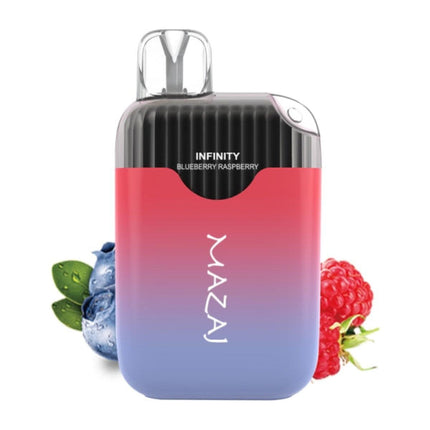 Mazaj Infinity 4.5K Blueberry Raspberry disposable vape in bright colors, showing the sleek design and flavor label.