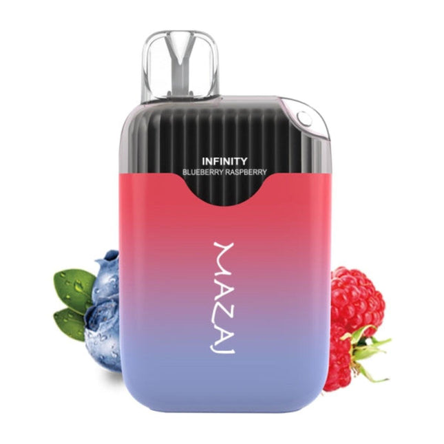 Mazaj Infinity 4.5K Blueberry Raspberry disposable vape in bright colors, showing the sleek design and flavor label.