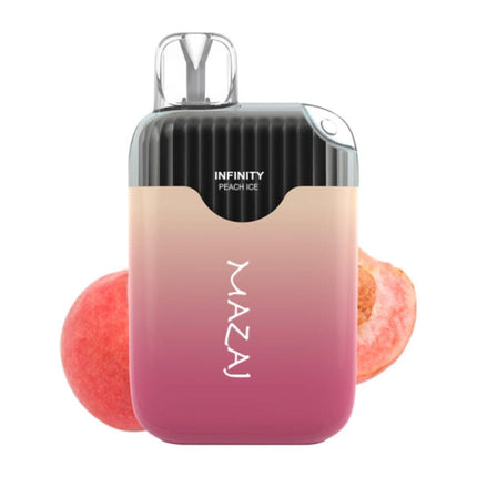 Mazaj Infinity Peach Ice disposable vape in peach flavor with 4.5K puffs and 20ml salt nicotine, featuring a sleek design.