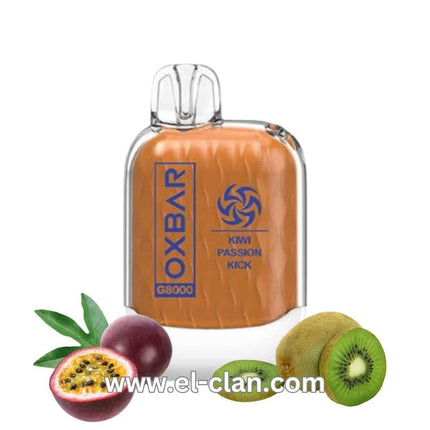 Oxbar G8k Kiwi Passion Kick disposable vape with 8000 puffs, featuring vibrant kiwi and passion fruit flavor, salt nicotine.