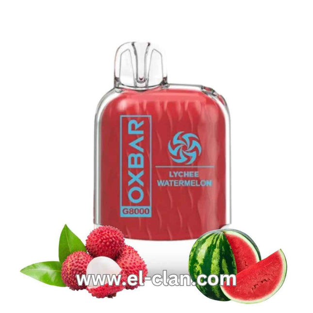 Oxbar G8k Lychee Watermelon disposable vape with colorful design, featuring lychee and watermelon flavor, 8000 puffs, salt nic.