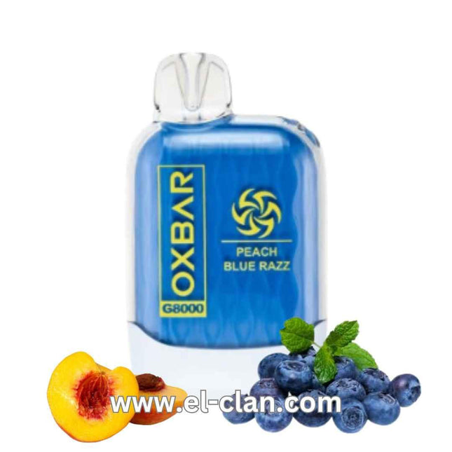 Oxbar G8K Peach Blue Razz disposable vape with 8000 puffs, featuring peach and blue raspberry flavor.