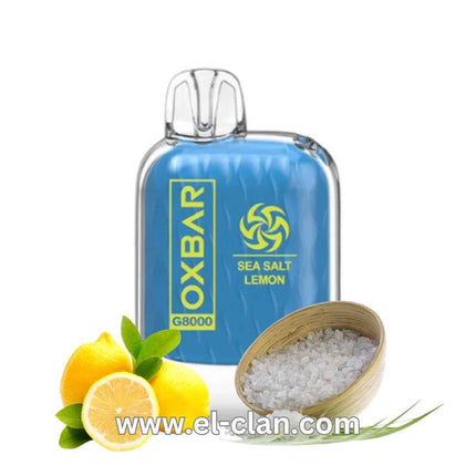 Oxbar G8K Sea Salt Lemon disposable vape device with lemon flavor and 8000 puffs, designed for salt nicotine use.