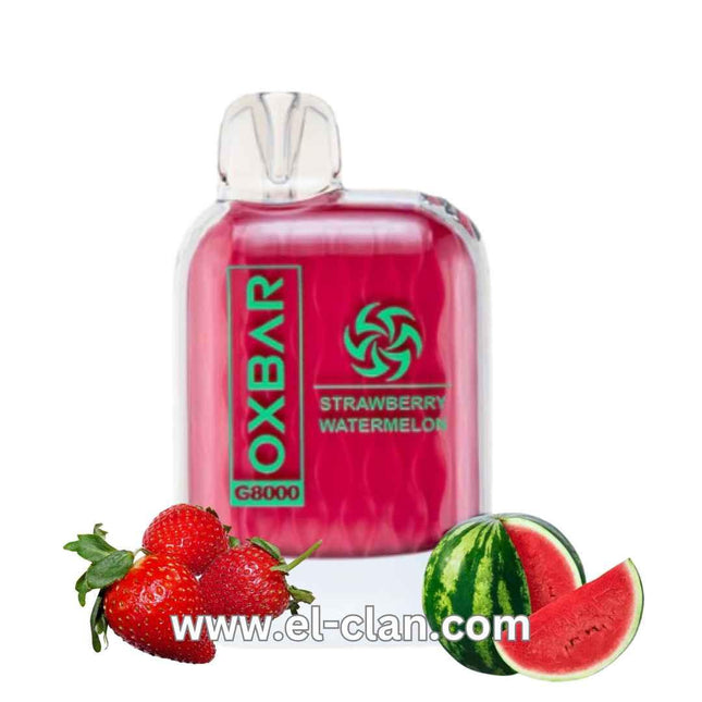 Oxbar G8k Strawberry Watermelon disposable vape with vibrant red and green fruit design, showcasing the sleek device.