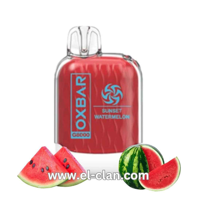 Oxbar G8k Sunset Watermelon disposable vape with 8000 puffs, featuring a vibrant watermelon flavor and salt nic for smooth vaping.