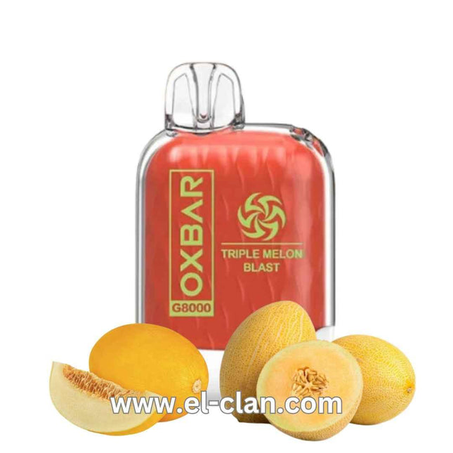 Oxbar G8k Triple Melon Blast disposable vape with vibrant melon flavors and 8000 puffs, salt nicotine, in a sleek design.