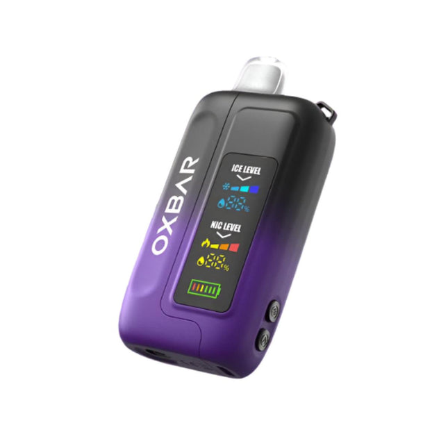Oxbar Ice Nic 35k disposable vape in black grape flavor, featuring sleek black design and 35,000 puffs of refreshing ice and grape taste.