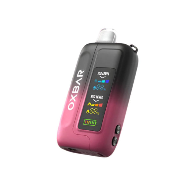 Oxbar Ice Nic 35k disposable vape with strawberry, watermelon, and peach flavor showing the sleek device with colorful branding.