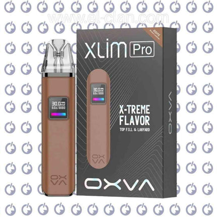Oxva Xlim Pro Pod in brown leather with sleek design, showcasing the compact hardware and modern look of the OXVA vaping device.