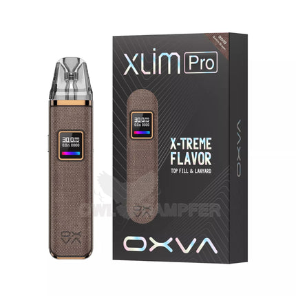 OXVA Xlim Pro Pod in brown leather, a compact vape hardware pod with a sleek design and textured finish.