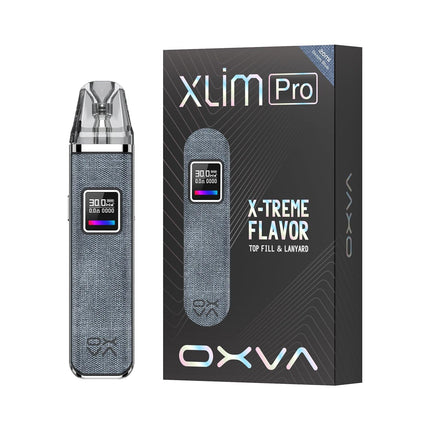 OXVA Xlim Pro Pod in brown leather, a compact vape device with a sleek design and textured finish.